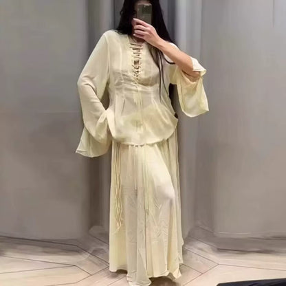 Damen Bluse mit Schnürdetail Weite Ärmel Norvielle - Norvielle