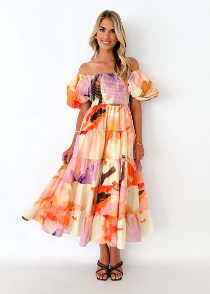 Damen Maxikleid Schulterfrei Voluminöse Puffärmel Norvielle