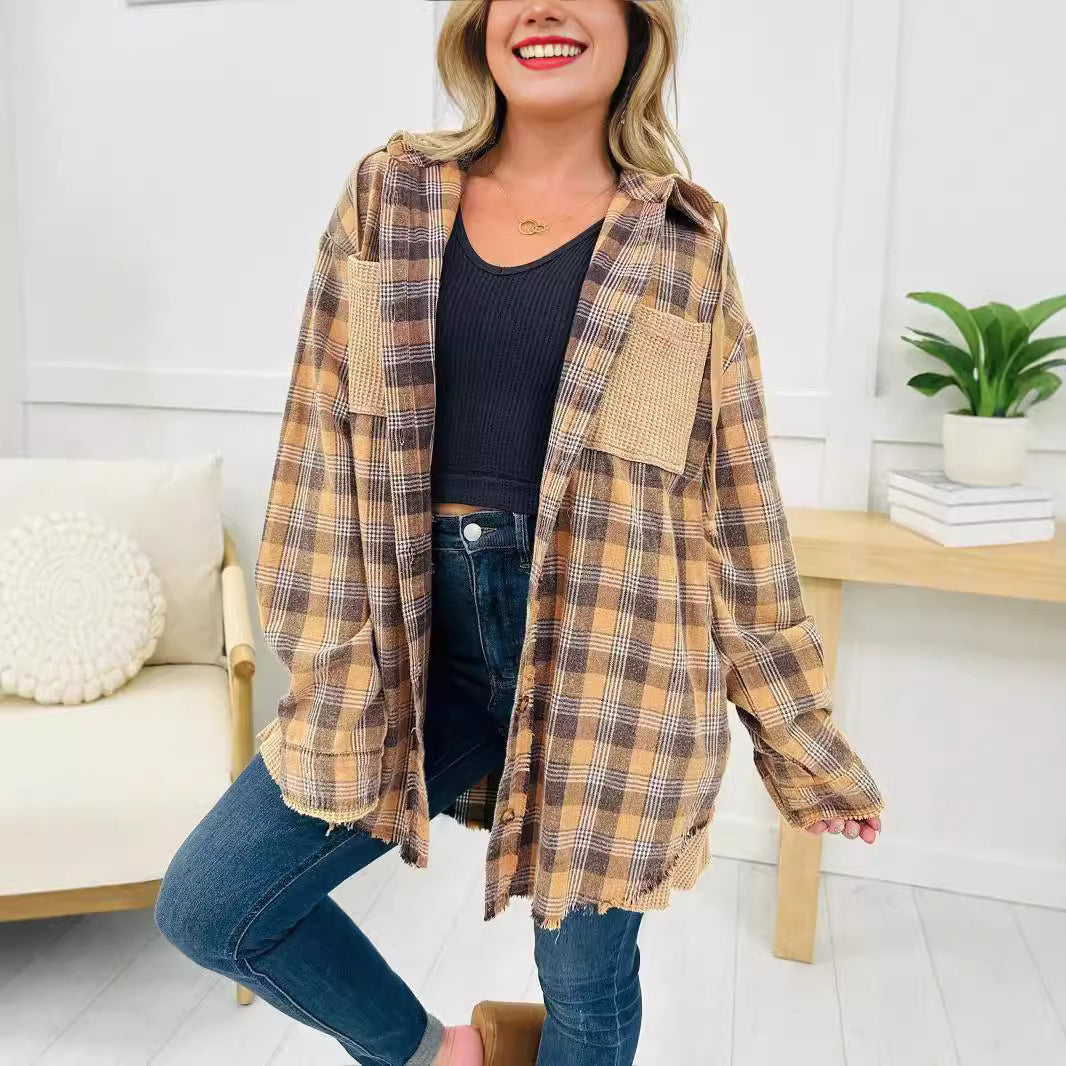 Damen Karo-Hemdjacke Oversized mit Fransen Details Norvielle
