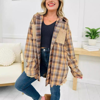 Damen Karo-Hemdjacke Oversized mit Fransen Details Norvielle
