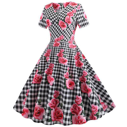 Damen Rockabilly Kleid Florales Karomuster