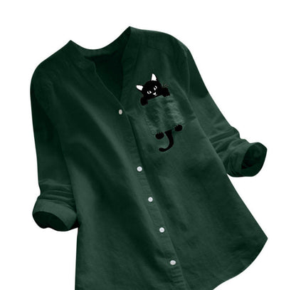 Damen Bluse Katzenmotiv Baumwolle Trendig