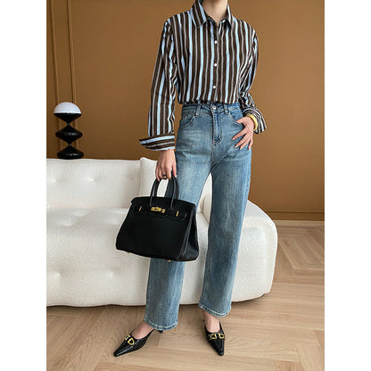 Damen Bluse Streifenmuster Eleganter Kragen Weiß