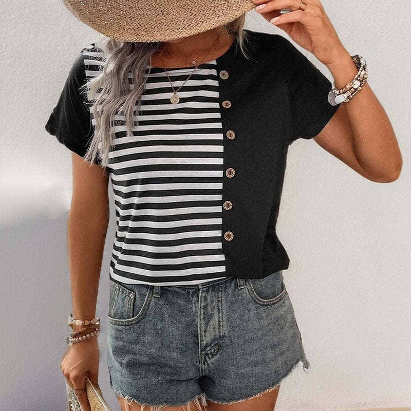 Damen T-Shirt Streifen Knöpfe Weiß