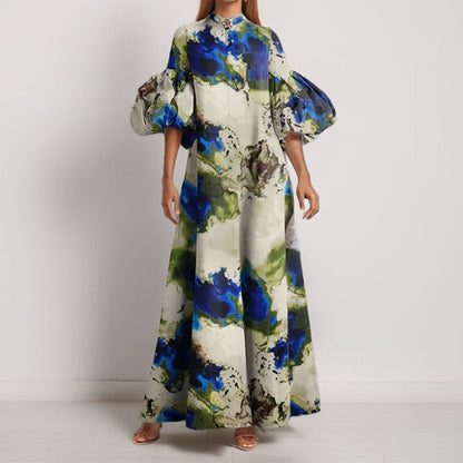 Damen Maxi-Kleid Volantärmel Abstraktes Muster