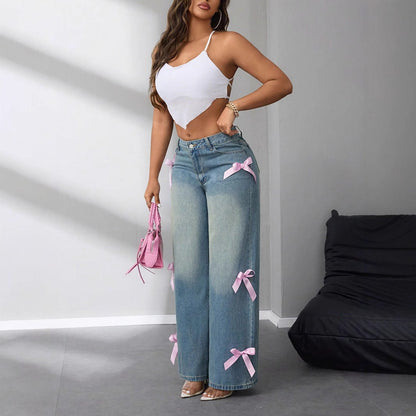 Damen High-Waist Jeans Weite mit Schleifenapplikationen