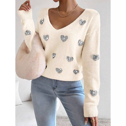 Damen Oversized Pullover V-Ausschnitt Herzmotiv