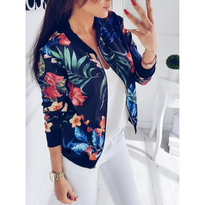 Damen Bomberjacke Blumenmotiv mit Taschen Elastisch Norvielle