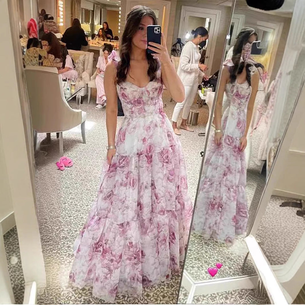Damen Maxikleid mit Floralmuster und Rüschenträgern Norvielle