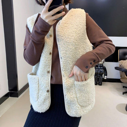 Damen Fleeceweste Teddylook mit Taschen und Knöpfen Beige