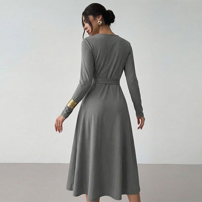 Damen Midikleid Tailliert Langer Arm Elegant