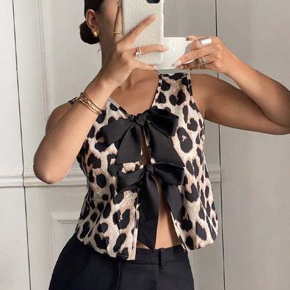 Damen Bluse Leopardenmuster Schleifen-Detail Norvielle - Norvielle