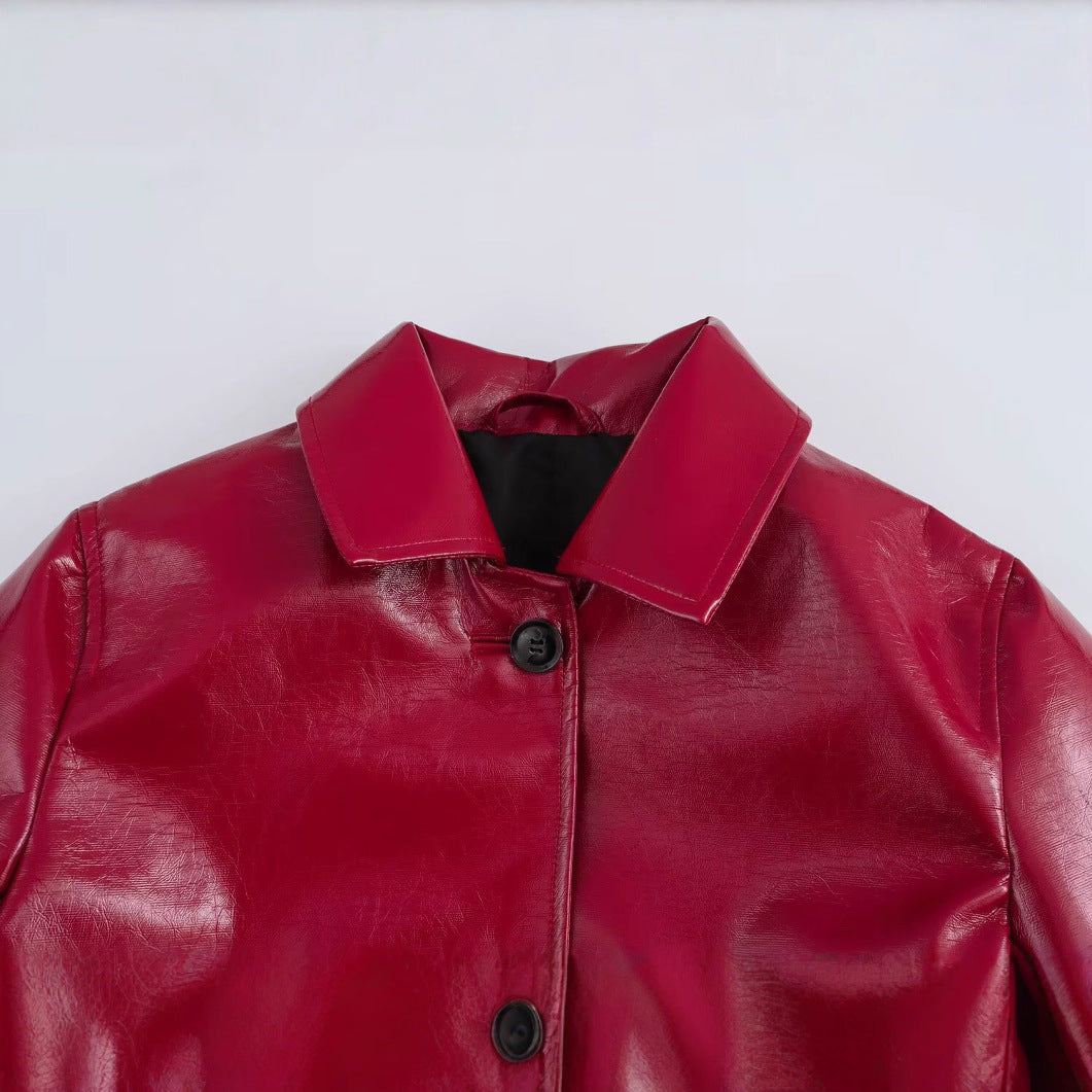 Damen Kunstlederjacke Glänzend Praktische Taschen