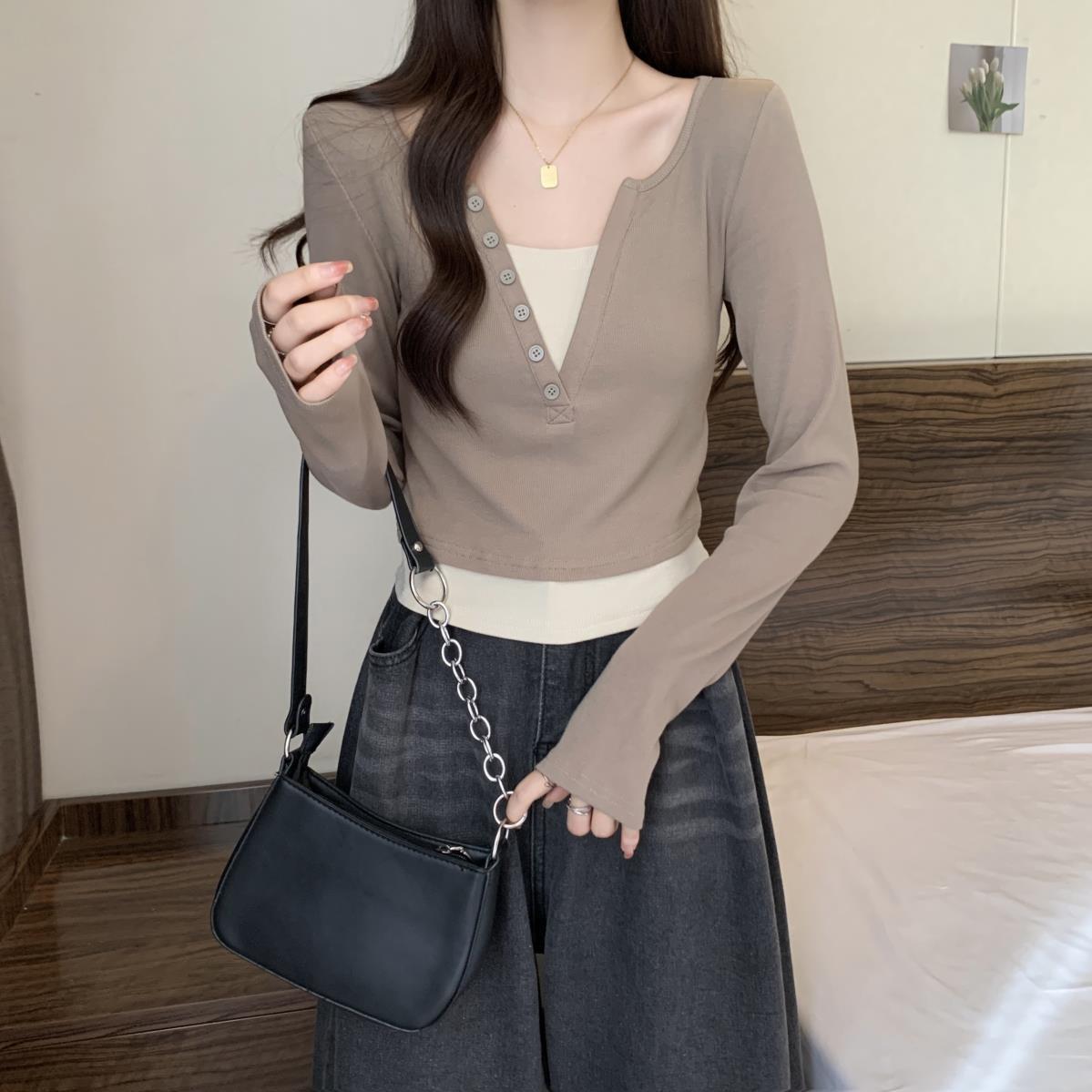 Damen Langarmshirt Rundhalsausschnitt Knopfleiste Norvielle