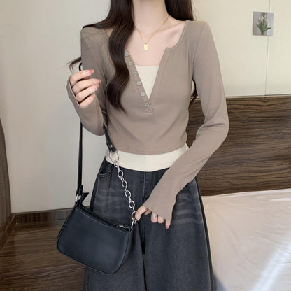 Damen Langarmshirt Rundhalsausschnitt Knopfleiste Norvielle