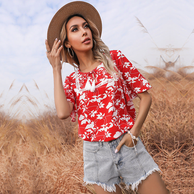 Damen Bluse Floralmuster V-Ausschnitt Elegante Bluse
