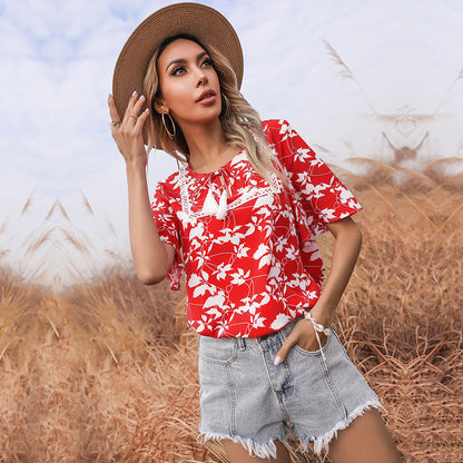 Damen Bluse Floralmuster V-Ausschnitt Elegante Bluse