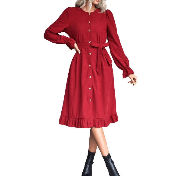 Damen Wickelkleid Langärmlig Knöpfe Tailliert