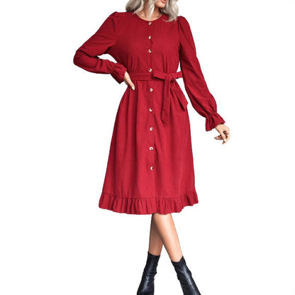 Damen Wickelkleid Langärmlig Knöpfe Tailliert