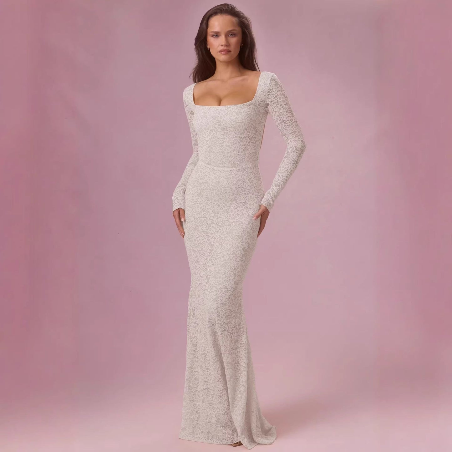 Damen Maxikleid Spitze Tailliert Langarm