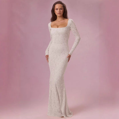 Damen Maxikleid Spitze Tailliert Langarm