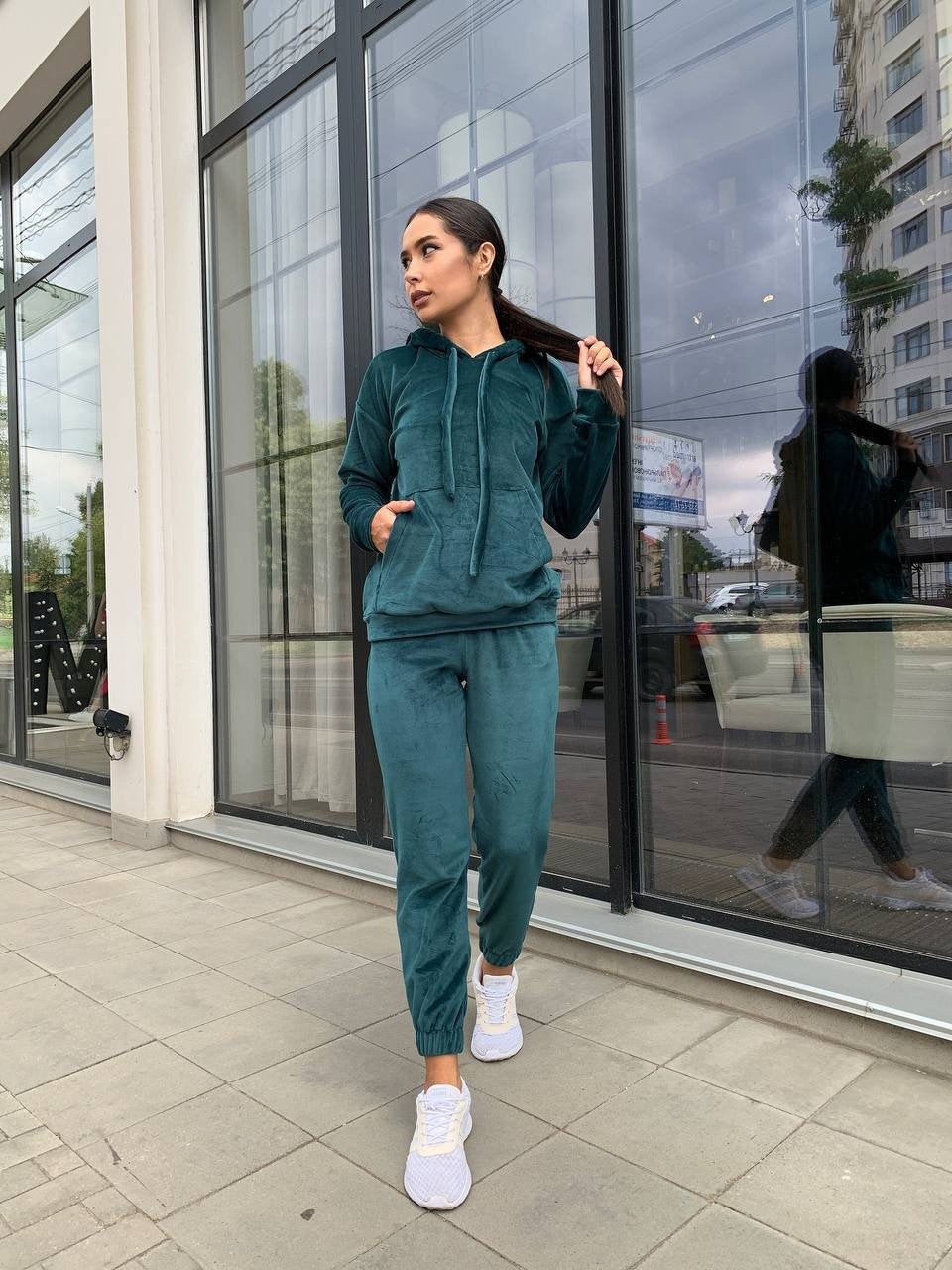 Damen Velours Lounge-Set mit Kapuze und Gummibund