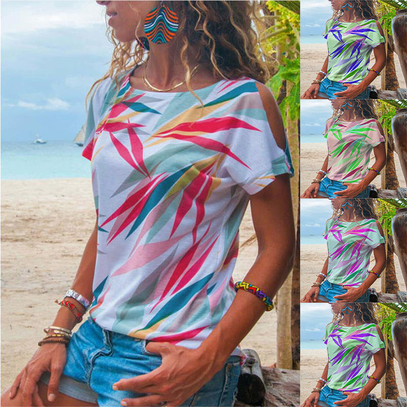 Damen T-Shirt Asymmetrisch Bunt Blattmotiv - Norvielle
