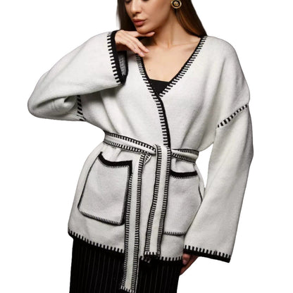 Damen Wickelpullover mit Taschen und Gürtel Elegantes Design