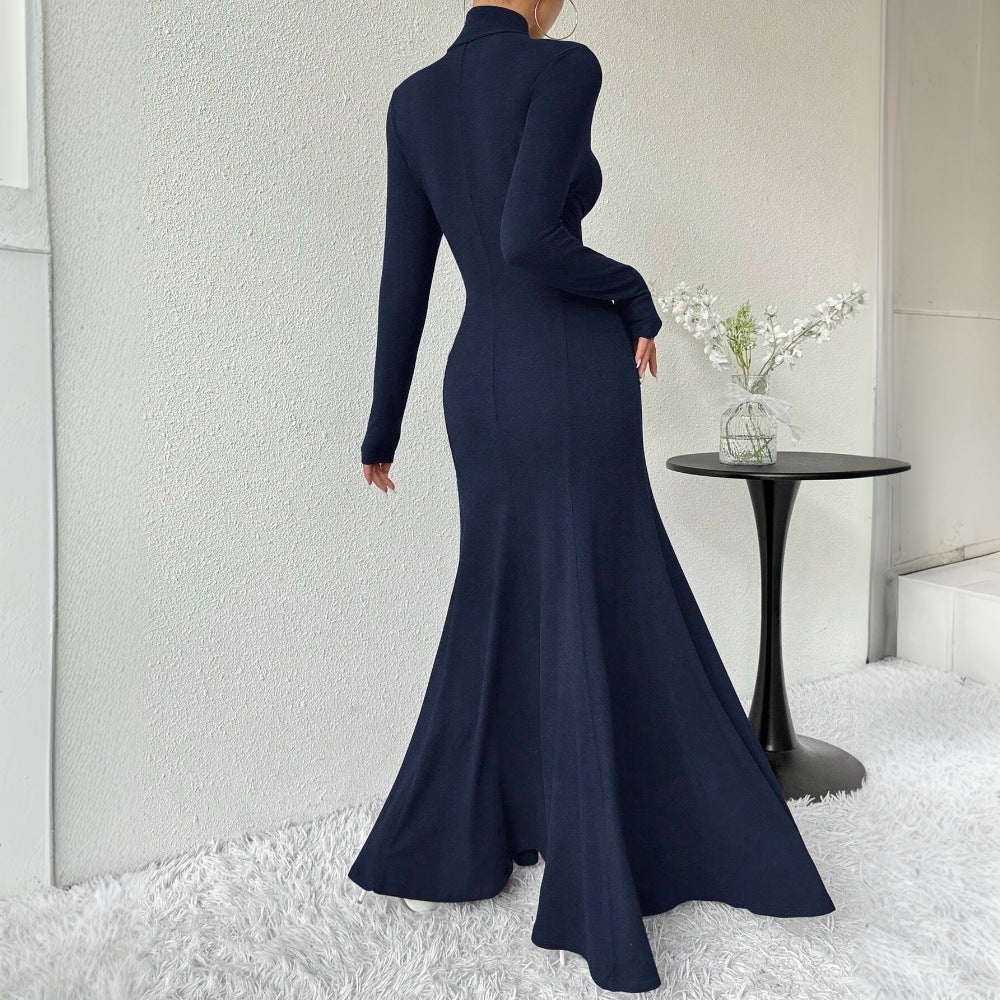 Damen Maxi-Kleid Langarm Hochkragen Schwingender Saum Norvielle