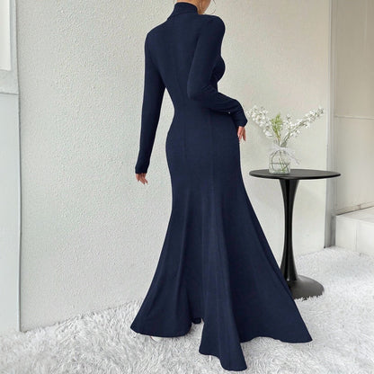 Damen Maxi-Kleid Langarm Hochkragen Schwingender Saum Norvielle