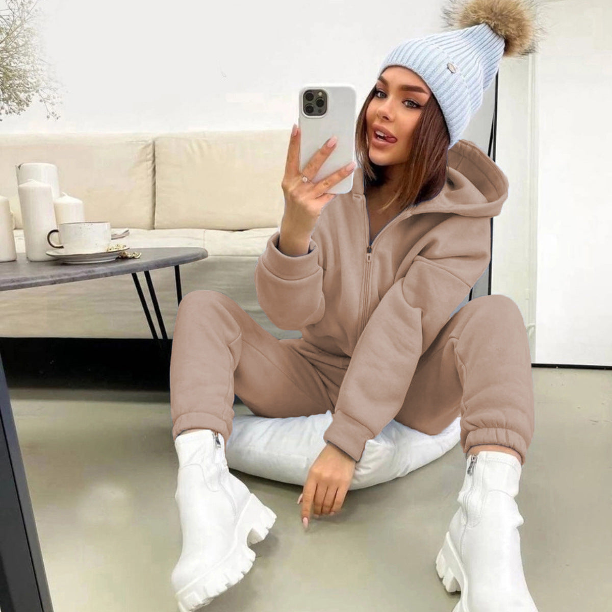 Damen Fleece-Jumpsuit mit Kapuze und Reißverschluss Norvielle