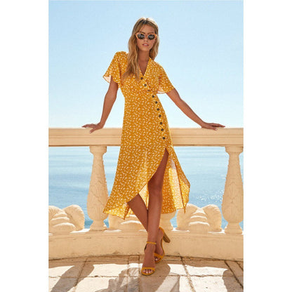 Damen Maxikleid Florales Design Knopfverschluss Norvielle