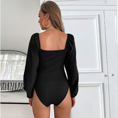 Damen Bodysuit V-Ausschnitt Puffärmel Norvielle