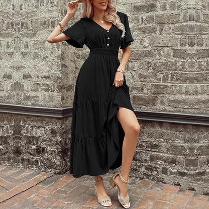 Damen Maxikleid Rüschen Details Taillengürtel Norvielle