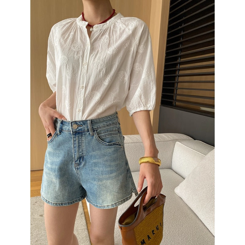 Damen Denim-Shorts Hochbund Weites Bein Blau - Norvielle