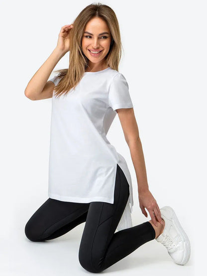 Damen Longline T-Shirt mit Schlitzen Hochwertig Bequem Weiß