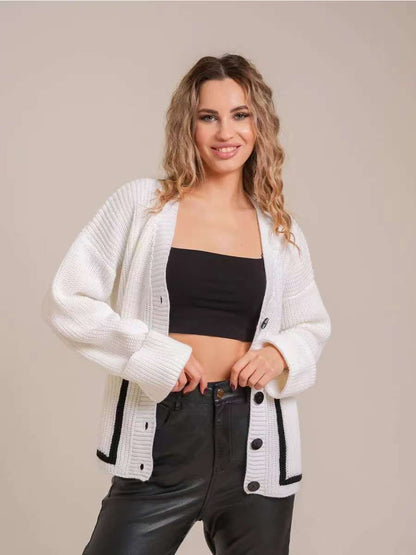 Damen Strickjacke Knöpfe Taschen Beige Norvielle