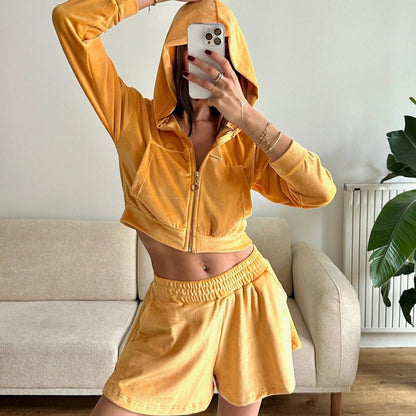 Damen Sportset Velours Cropped Reißverschluss Elastisch