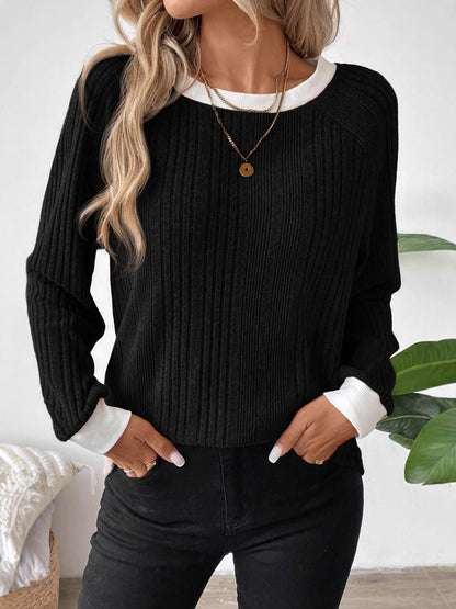 Damen Pullover Lässig Rippenstrick Kontrastbesatz Norvielle
