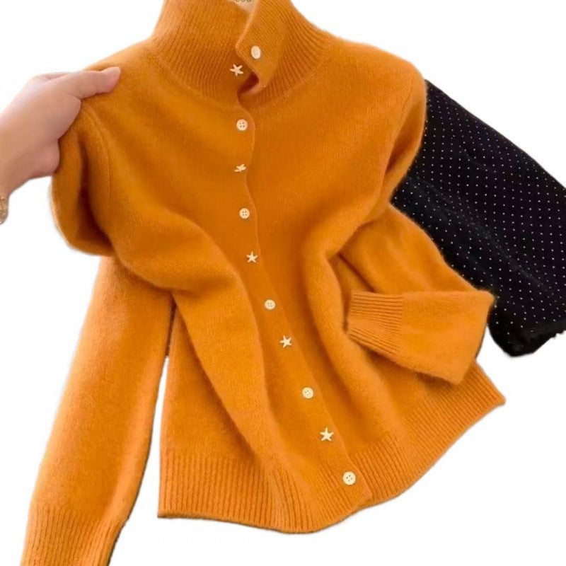 Damen Strickjacke Hohem Kragen Sternknöpfe Norvielle