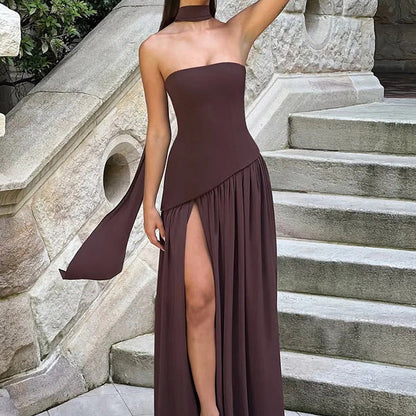 Damen Maxikleid Trägerlos Hohes Schlitzkleid Norvielle