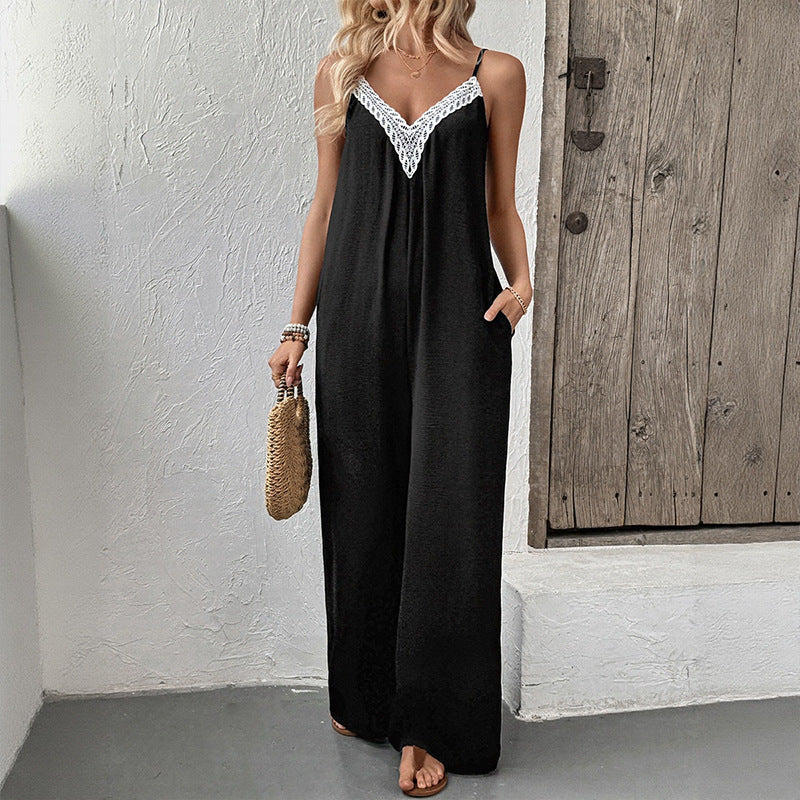 Damen Jumpsuit V-Ausschnitt Spitze