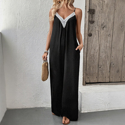 Damen Jumpsuit V-Ausschnitt Spitze