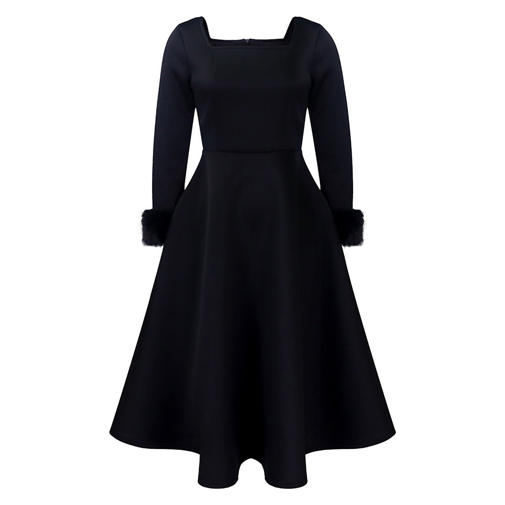 Damen Kleid Quadratischer Ausschnitt Fuchsfell Ärmel