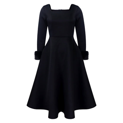 Damen Kleid Quadratischer Ausschnitt Fuchsfell Ärmel