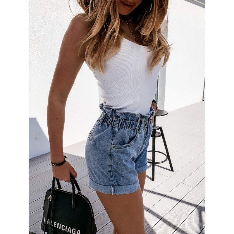 Damen Hochgeschlossene Jeansshorts Elastischer Bund