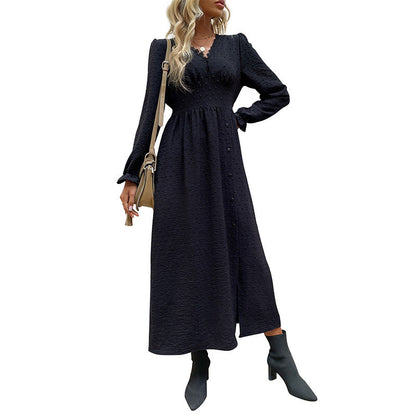 Damen Kleid Knielang Mit Knöpfen Dekorativ