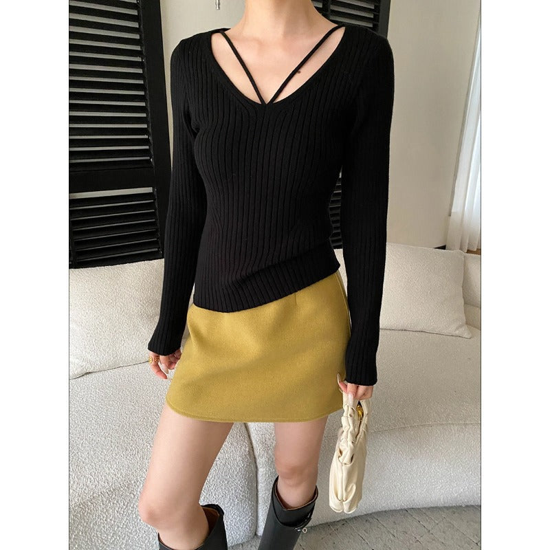 Damen Rippstrick Pullover V-Ausschnitt Langer Ärmel Norvielle - Norvielle