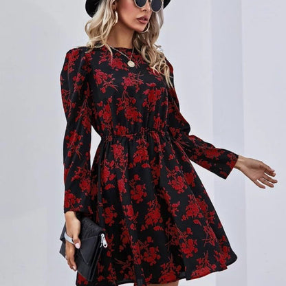 Damen Midikleid mit Puffärmeln und Taillenbund Blumenmuster Norvielle