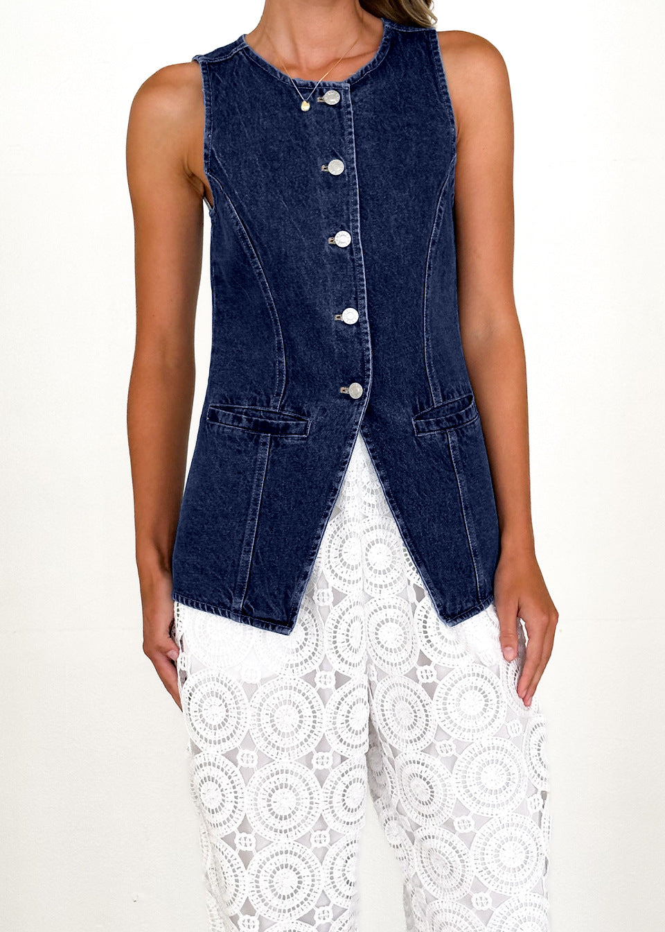 Damen Denimweste Tailliert Knöpfe